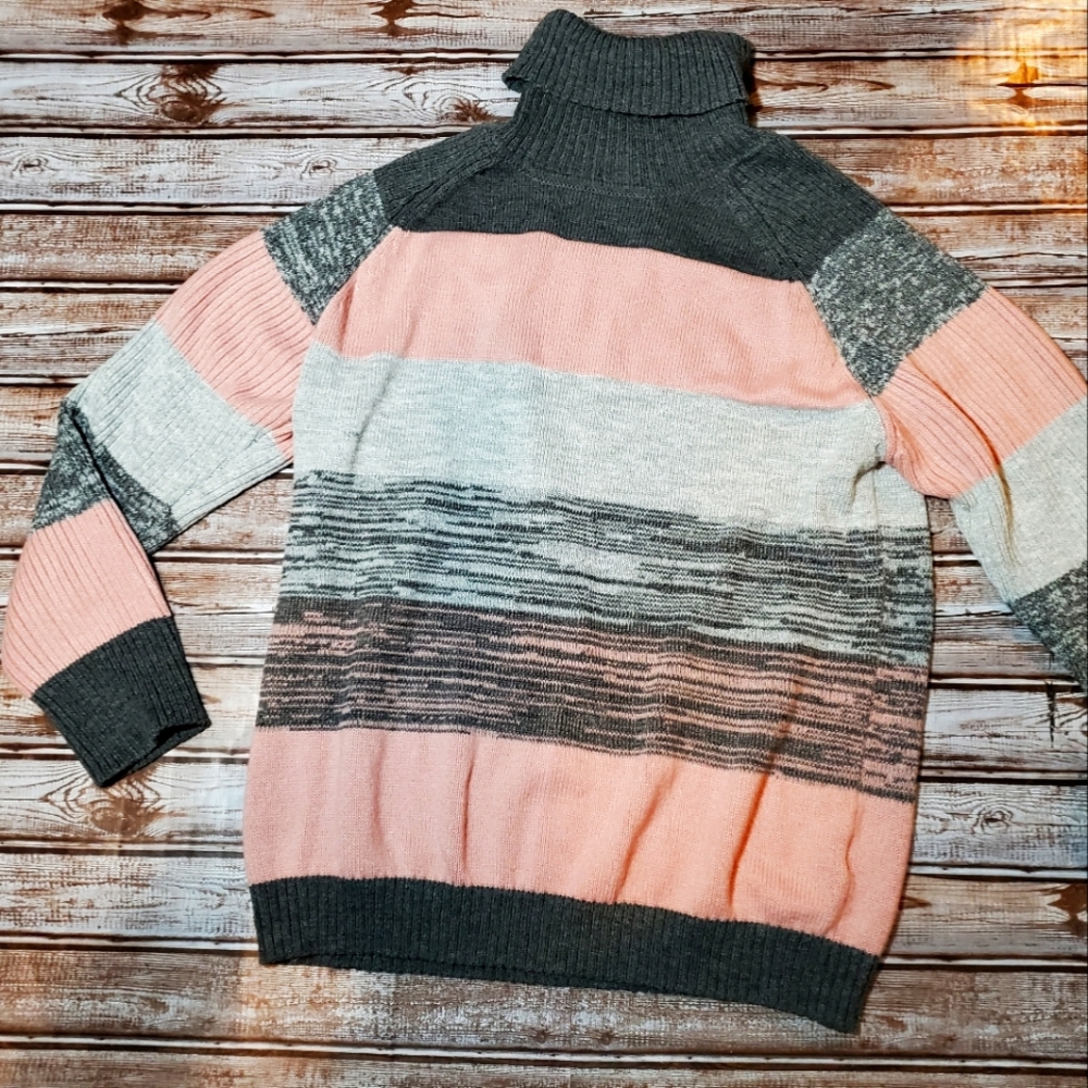 Allie & Rob Cozy Turtleneck Striped Sweater Pink and Grey XL NWOT